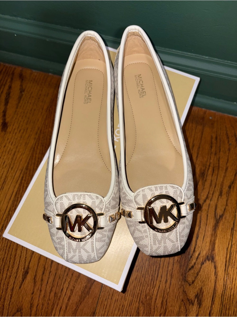 Michael Kors Women's White Logo Ballet Flat with Gold MK Accent - Picture 5 of 6